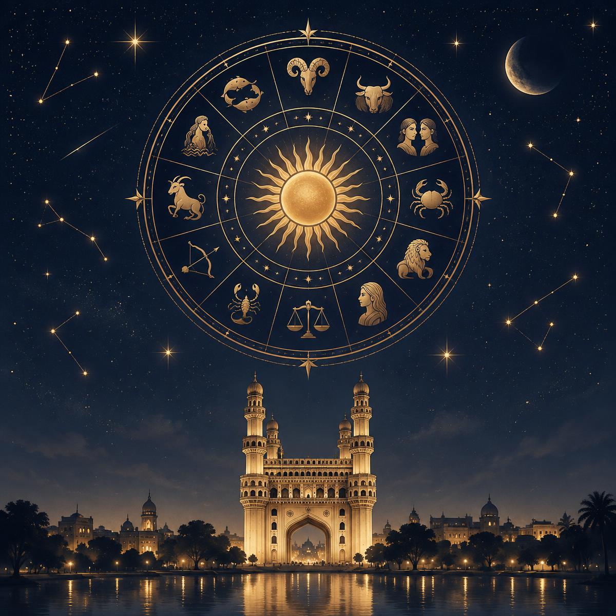 Zodiac wheel and constellations over the Hyderabad skyline